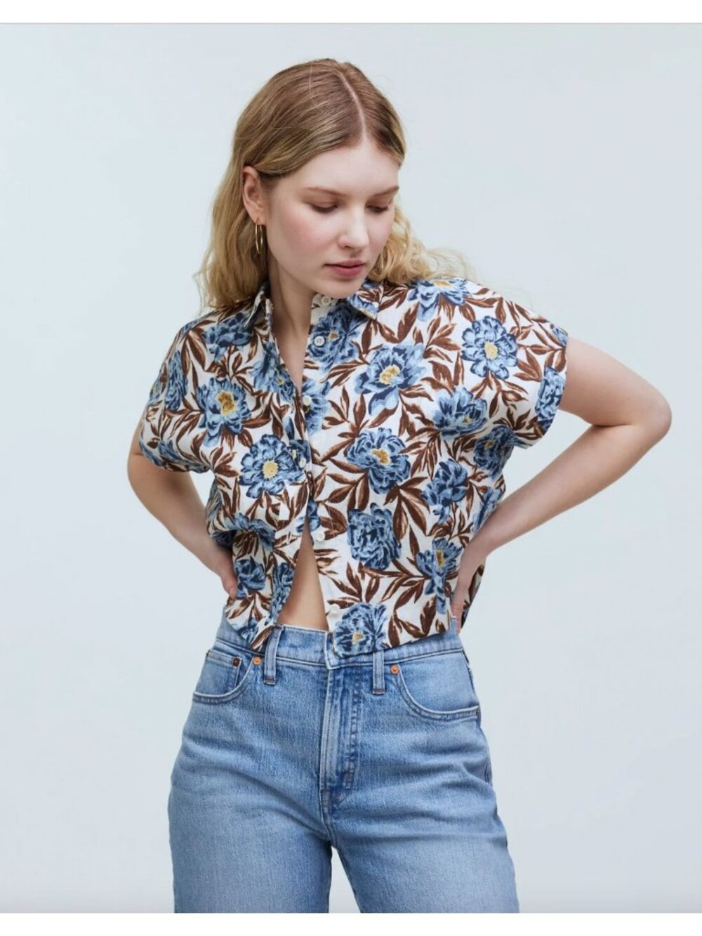 Madewell Crop Dolman Shirt M Floral Linen Button Front Summer Boho Vacation